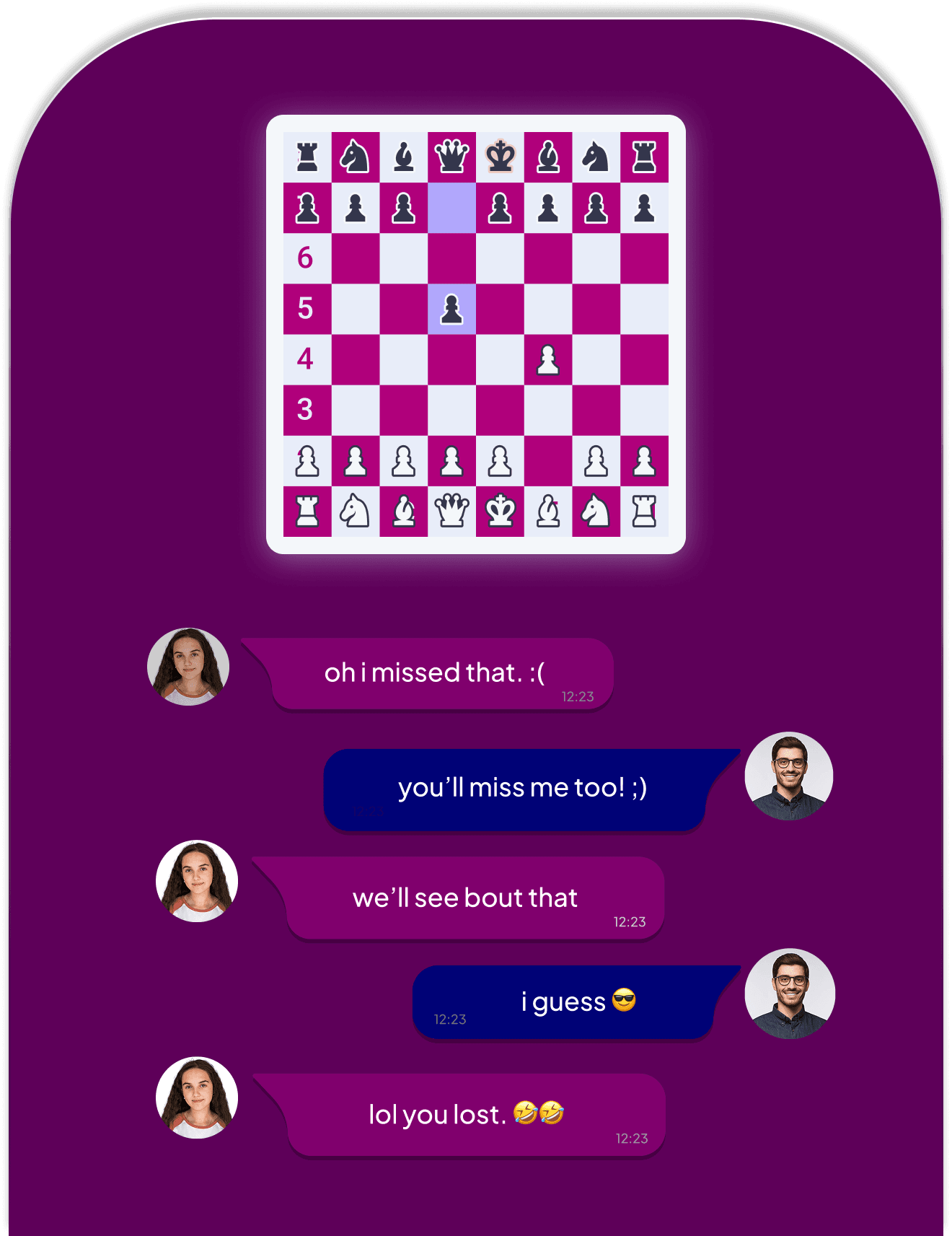 Chess game with chat interface showing romantic conversation between players