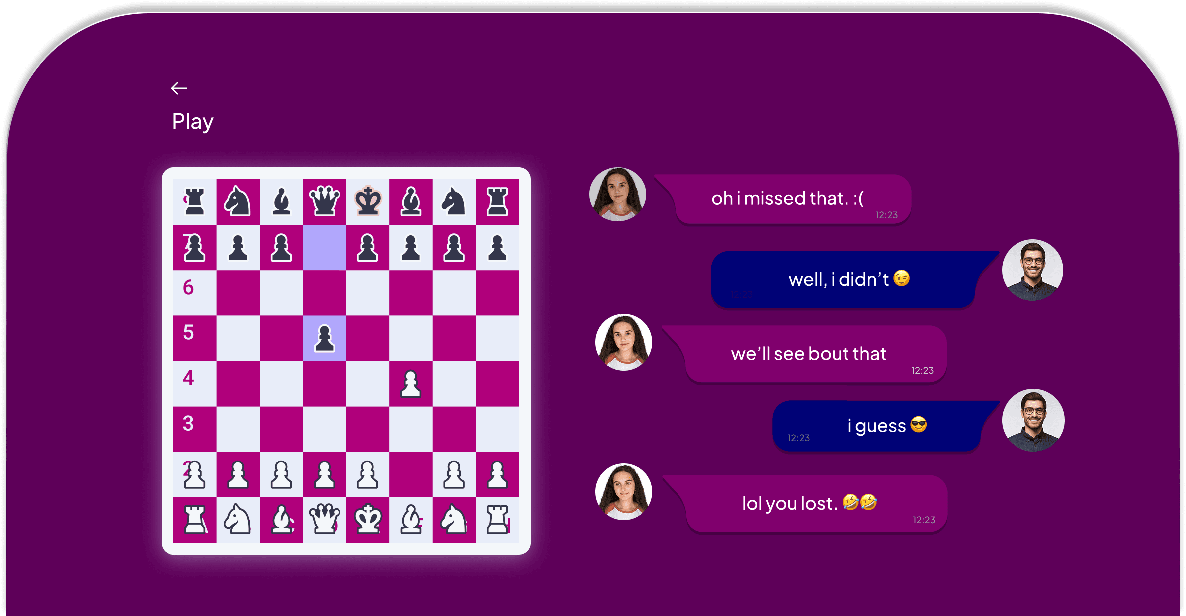 Chess game with chat interface showing romantic conversation between players